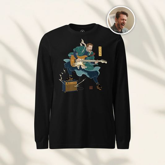 Custom Portrait Samurai Electric Guitar Japanese Ukiyo-e Unisex Long Sleeve Tee