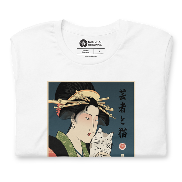Geisha and Cat Funny Japanese Ukiyo-e Unisex T-Shirt 1 - Samurai Original