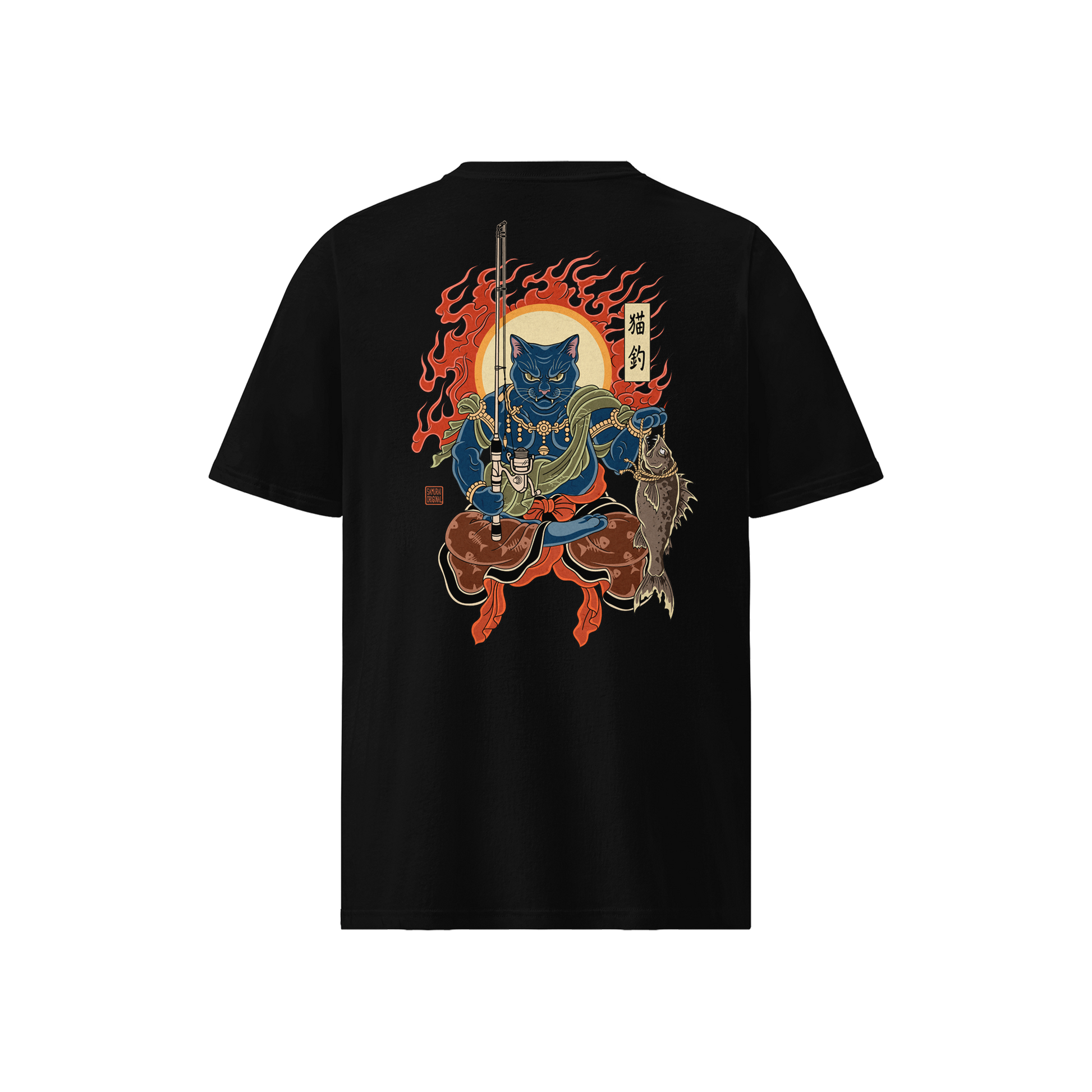 The Great Neko Fishing Organic T-shirt Black - Samurai Original