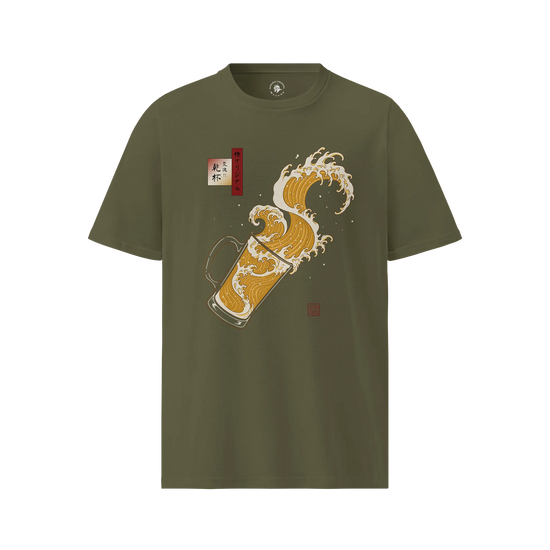 Beer Wave Ukiyo-e Organic T-Shirt Khaki - Samurai Original