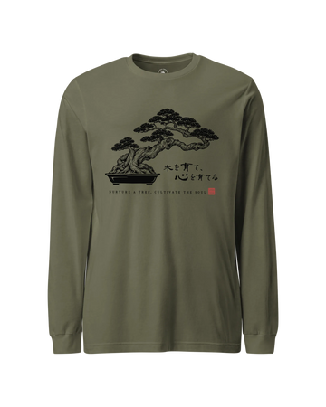 Bonsai – Nurture a Tree Nurture the Soul Unisex Long Sleeve Tee Military Green - Samurai Original
