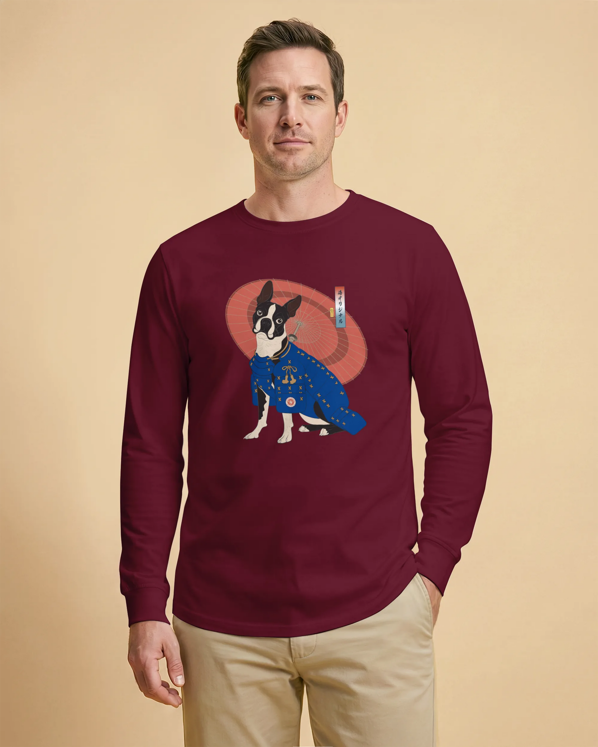 Boston Terrier Funny Dog Japanese Ukiyo-e Unisex Long Sleeve Tee 2 - Samurai Original