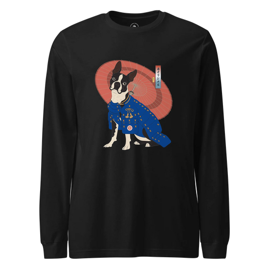 Boston Terrier Funny Dog Japanese Ukiyo-e Unisex Long Sleeve Tee 2 Black - Samurai Original