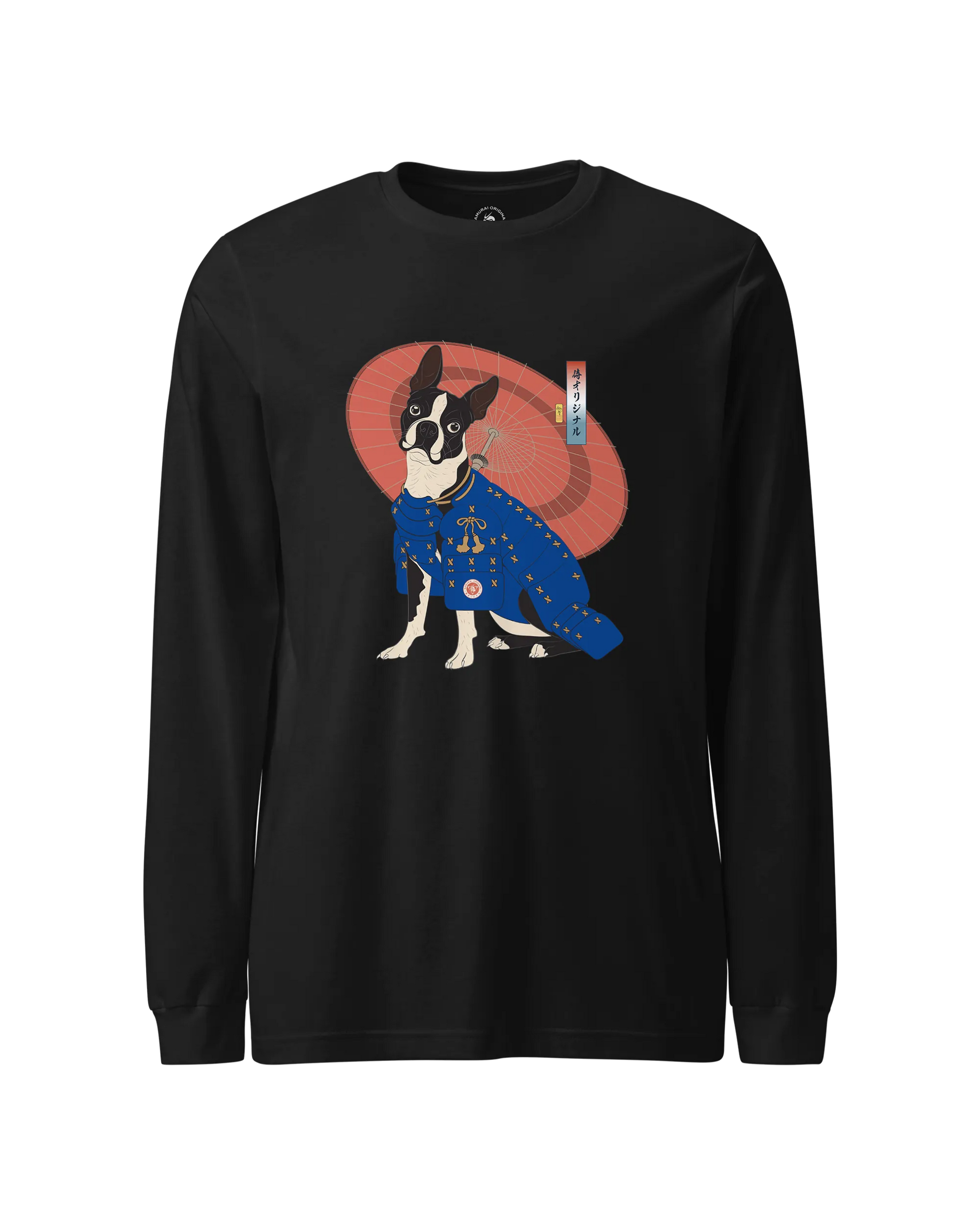 Boston Terrier Funny Dog Japanese Ukiyo-e Unisex Long Sleeve Tee 2 Black - Samurai Original