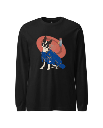 Boston Terrier Funny Dog Japanese Ukiyo-e Unisex Long Sleeve Tee 2 Black - Samurai Original