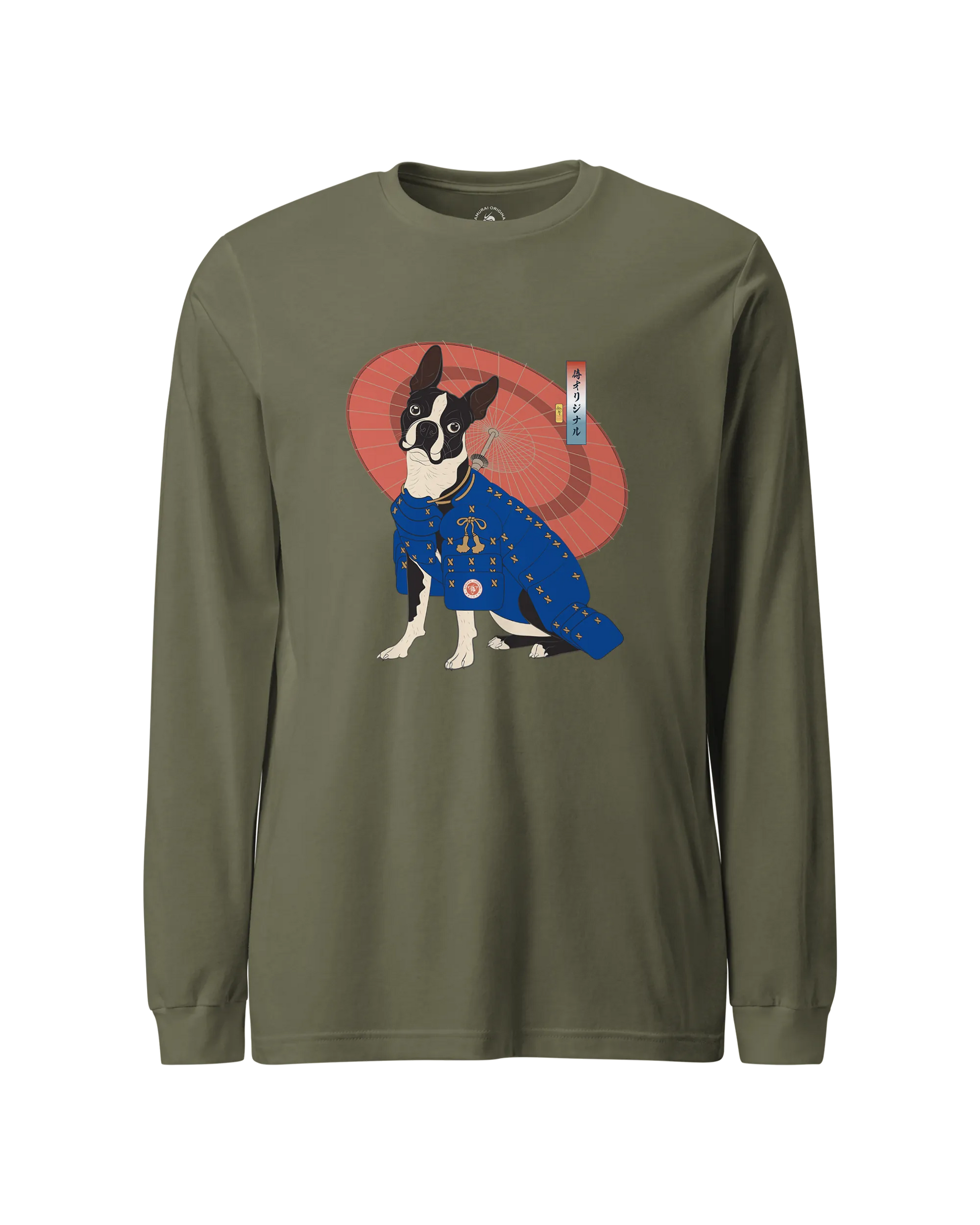 Boston Terrier Funny Dog Japanese Ukiyo-e Unisex Long Sleeve Tee 2 Military Green - Samurai Original