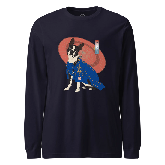 Boston Terrier Funny Dog Japanese Ukiyo-e Unisex Long Sleeve Tee 2 Navy - Samurai Original