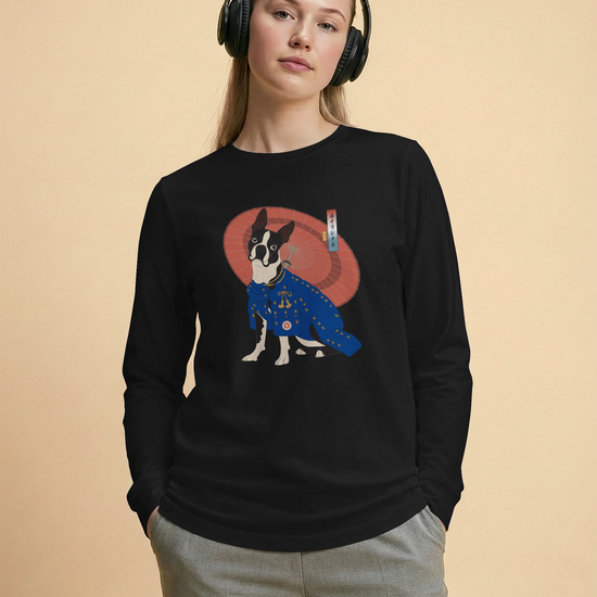Boston Terrier Funny Dog Japanese Ukiyo-e Unisex Long Sleeve Tee 2 - Samurai Original
