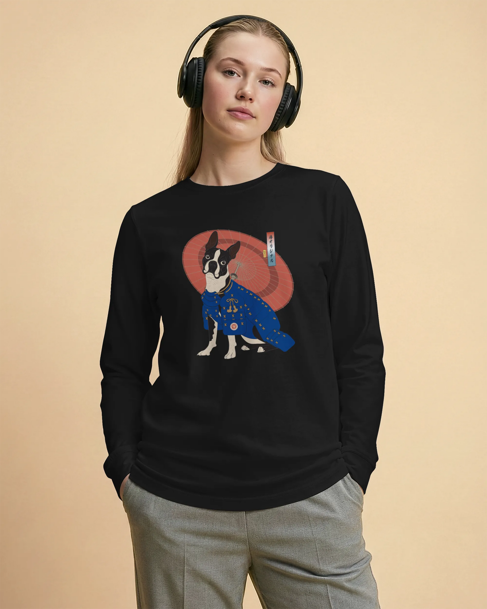 Boston Terrier Funny Dog Japanese Ukiyo-e Unisex Long Sleeve Tee 2 - Samurai Original