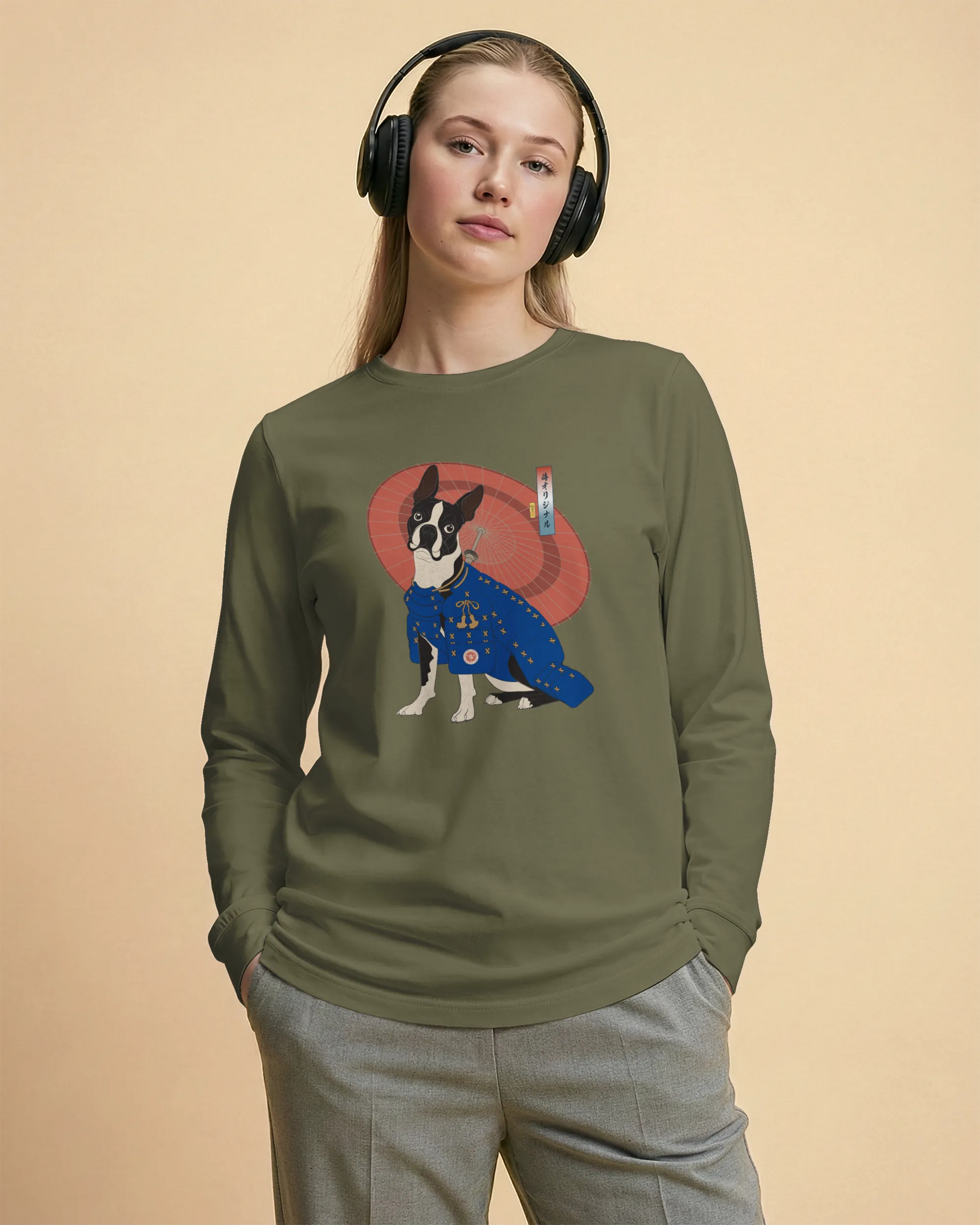 Boston Terrier Funny Dog Japanese Ukiyo-e Unisex Long Sleeve Tee 2 - Samurai Original
