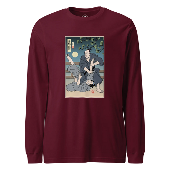 Brazilian Martial Jiu Jitsu 3 Ukiyo-e Unisex Long Sleeve Tee Maroon - Samurai Original