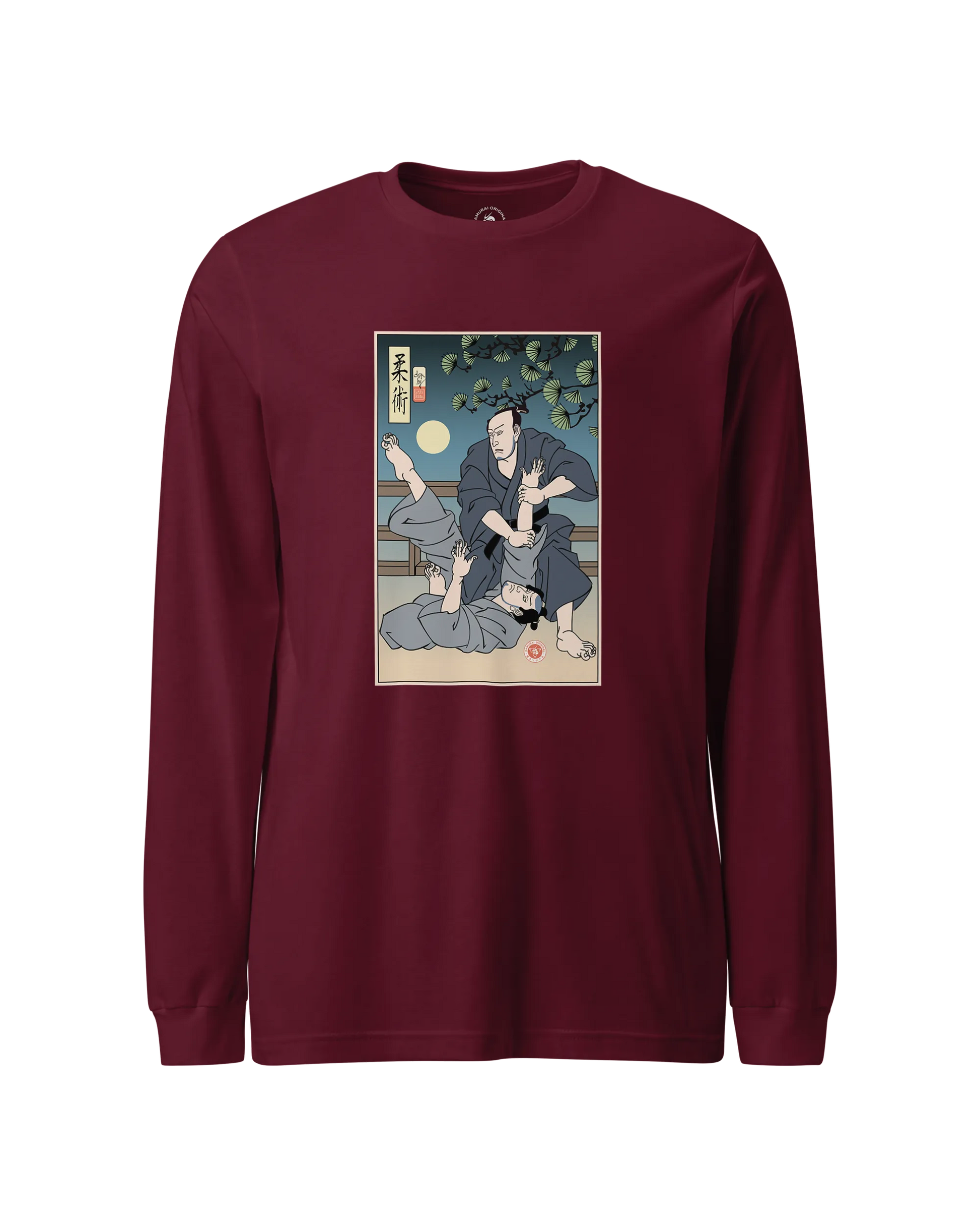 Brazilian Martial Jiu Jitsu 3 Ukiyo-e Unisex Long Sleeve Tee Maroon - Samurai Original