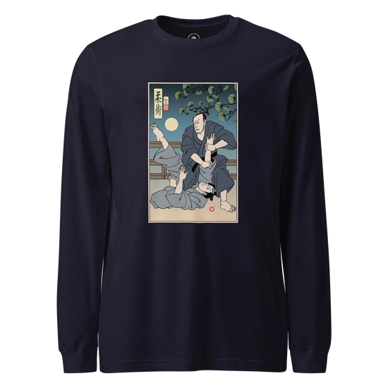 Brazilian Martial Jiu Jitsu 3 Ukiyo-e Unisex Long Sleeve Tee Navy - Samurai Original