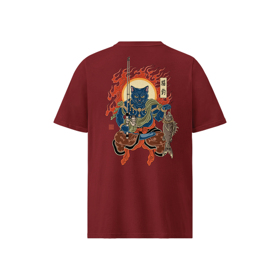 The Great Neko Fishing Organic T-shirt Burgundy - Samurai Original
