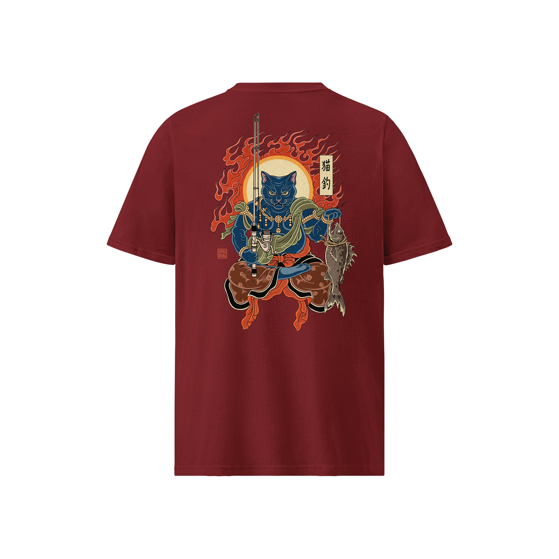 The Great Neko Fishing Organic T-shirt Burgundy - Samurai Original