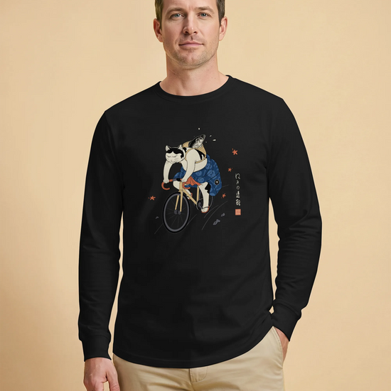 Cat Cycling Funny Japanese Ukiyo-e Unisex Long Sleeve Tee - Samurai Original