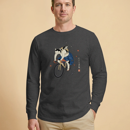 Cat Cycling Funny Japanese Ukiyo-e Unisex Long Sleeve Tee - Samurai Original
