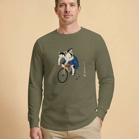 Cat Cycling Funny Japanese Ukiyo-e Unisex Long Sleeve Tee - Samurai Original