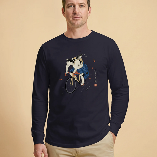 Cat Cycling Funny Japanese Ukiyo-e Unisex Long Sleeve Tee - Samurai Original