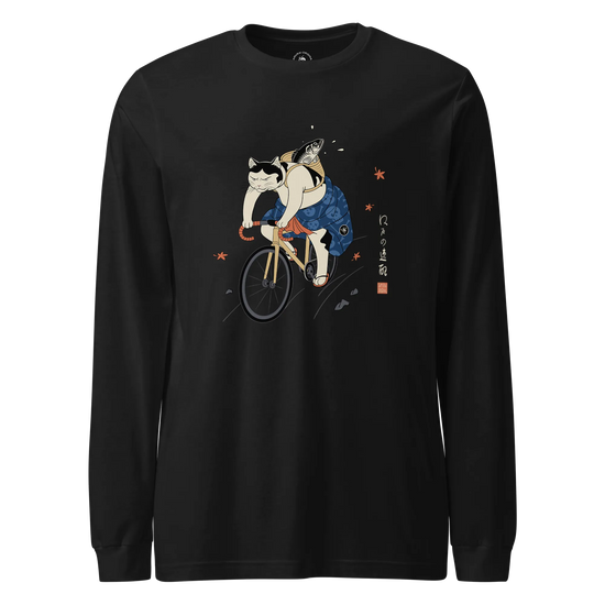 Cat Cycling Funny Japanese Ukiyo-e Unisex Long Sleeve Tee Black - Samurai Original