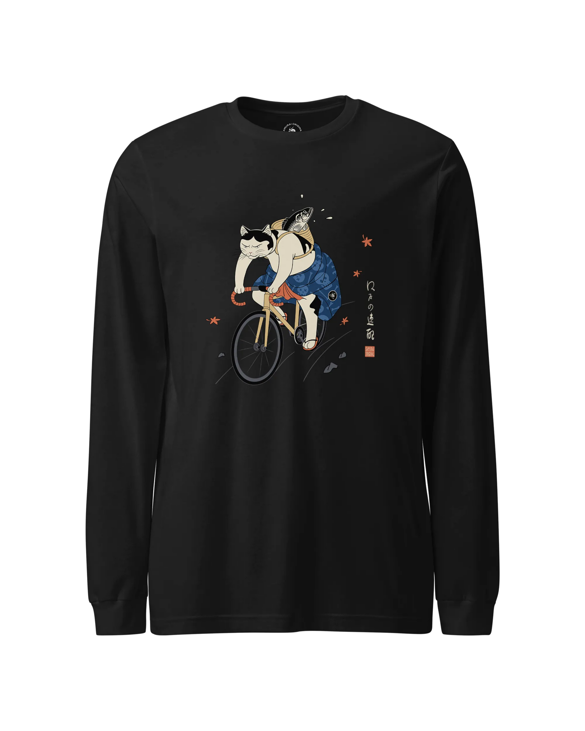 Cat Cycling Funny Japanese Ukiyo-e Unisex Long Sleeve Tee Black - Samurai Original