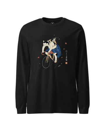 Cat Cycling Funny Japanese Ukiyo-e Unisex Long Sleeve Tee Black - Samurai Original