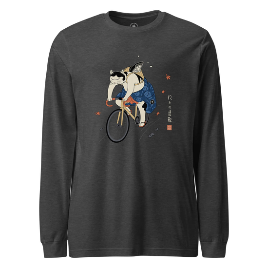 Cat Cycling Funny Japanese Ukiyo-e Unisex Long Sleeve Tee Dark Grey Heather - Samurai Original