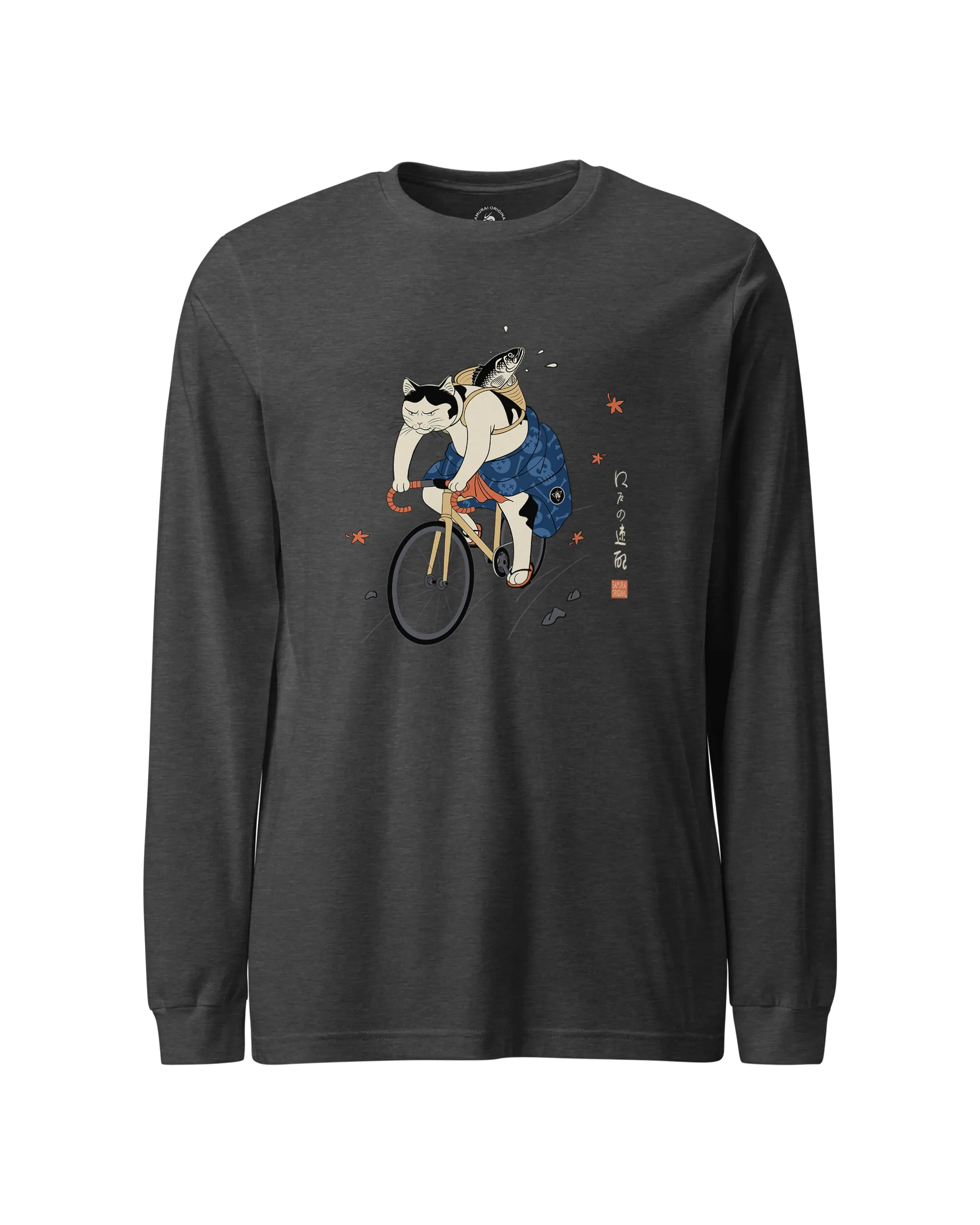 Cat Cycling Funny Japanese Ukiyo-e Unisex Long Sleeve Tee Dark Grey Heather - Samurai Original