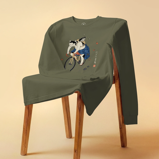 Cat Cycling Funny Japanese Ukiyo-e Unisex Long Sleeve Tee - Samurai Original