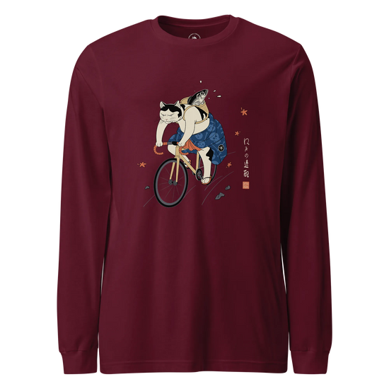 Cat Cycling Funny Japanese Ukiyo-e Unisex Long Sleeve Tee Maroon - Samurai Original