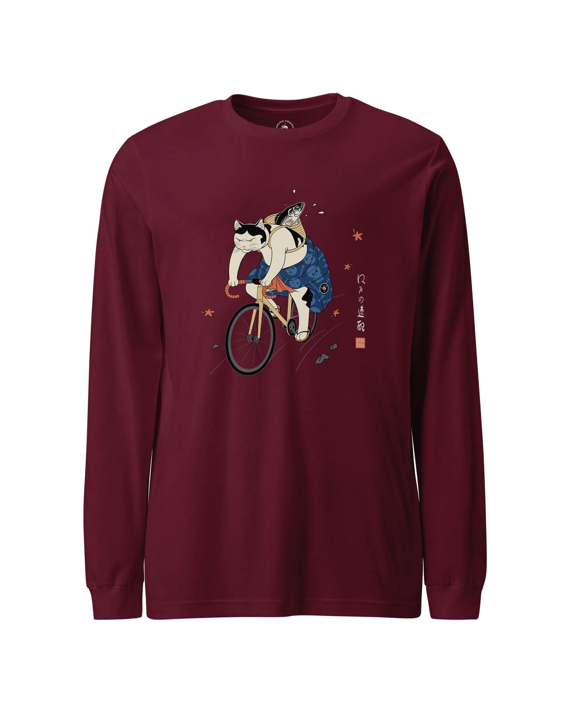 Cat Cycling Funny Japanese Ukiyo-e Unisex Long Sleeve Tee Maroon - Samurai Original