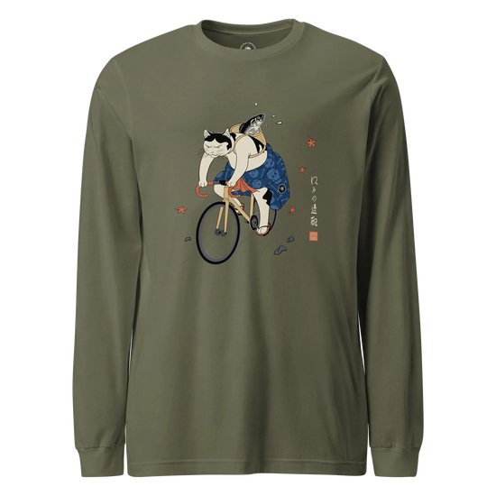 Cat Cycling Funny Japanese Ukiyo-e Unisex Long Sleeve Tee Military Green - Samurai Original
