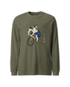 Cat Cycling Funny Japanese Ukiyo-e Unisex Long Sleeve Tee Military Green - Samurai Original