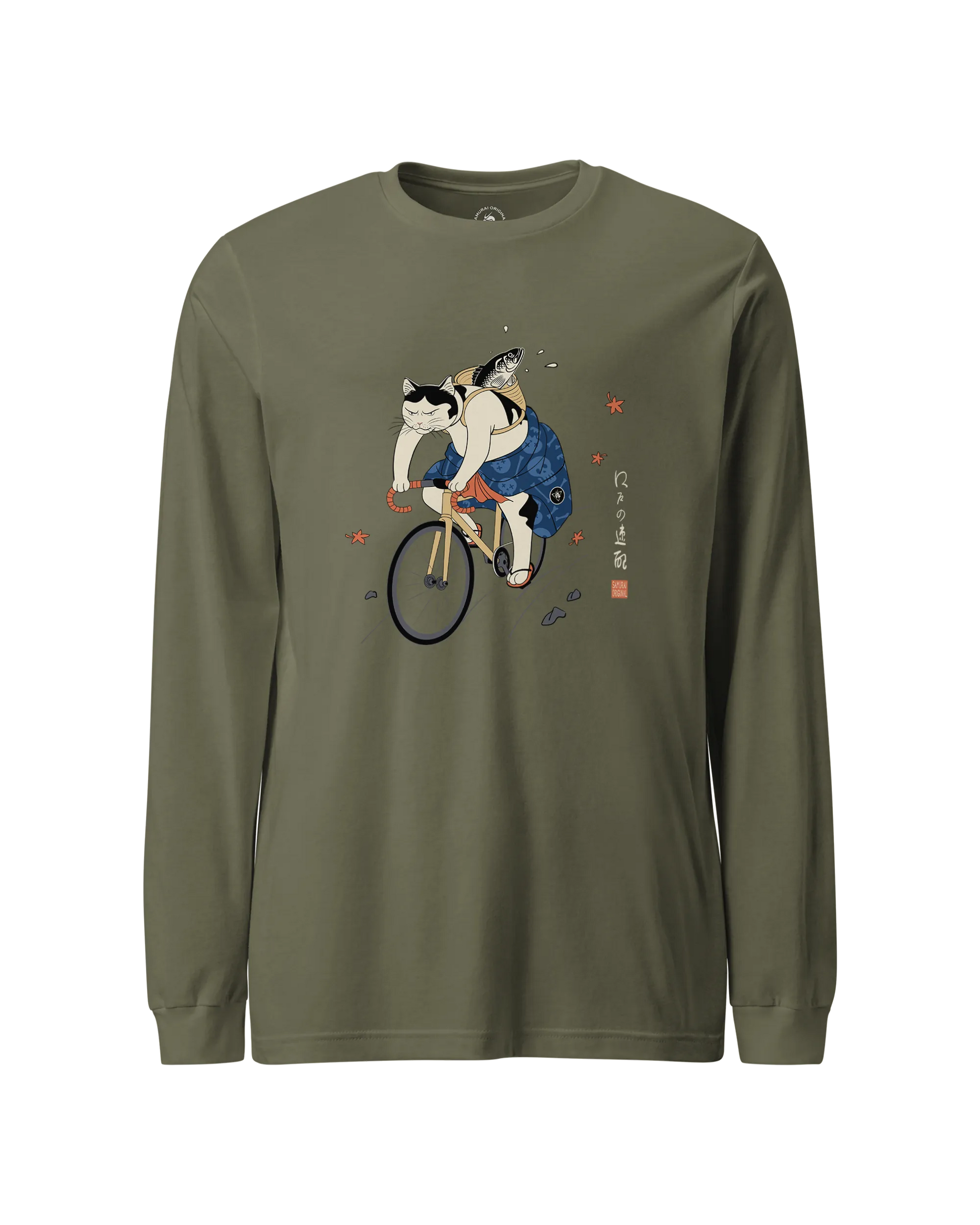 Cat Cycling Funny Japanese Ukiyo-e Unisex Long Sleeve Tee Military Green - Samurai Original