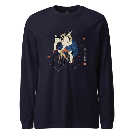 Cat Cycling Funny Japanese Ukiyo-e Unisex Long Sleeve Tee Navy - Samurai Original