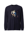 Cat Cycling Funny Japanese Ukiyo-e Unisex Long Sleeve Tee Navy - Samurai Original
