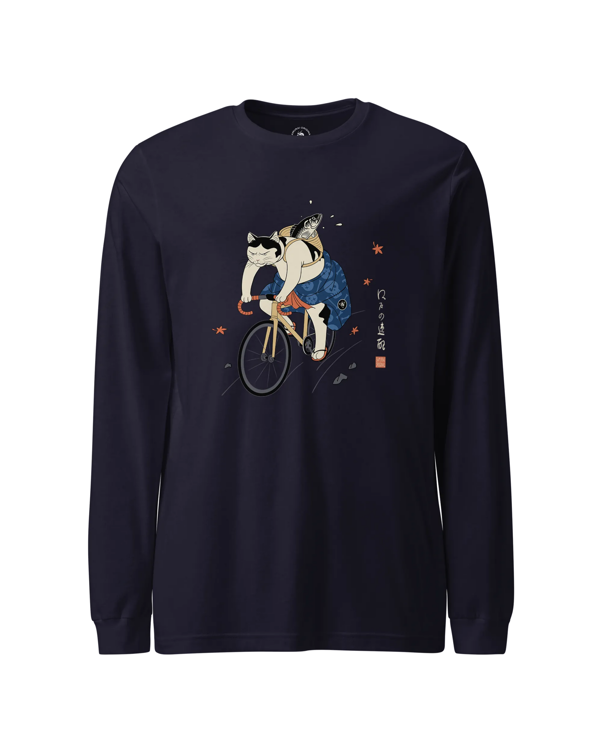 Cat Cycling Funny Japanese Ukiyo-e Unisex Long Sleeve Tee Navy - Samurai Original