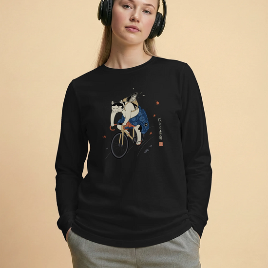 Cat Cycling Funny Japanese Ukiyo-e Unisex Long Sleeve Tee - Samurai Original