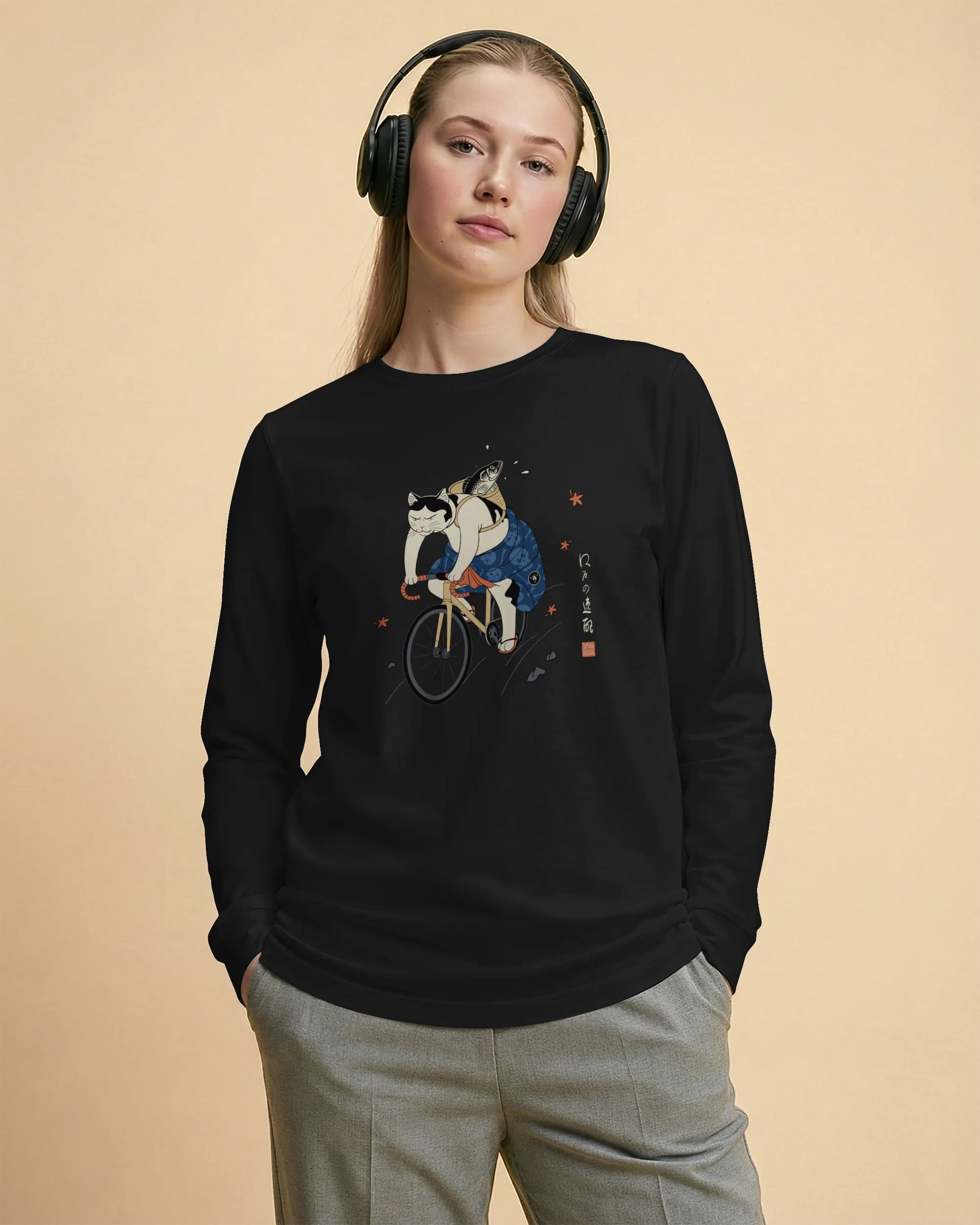 Cat Cycling Funny Japanese Ukiyo-e Unisex Long Sleeve Tee - Samurai Original