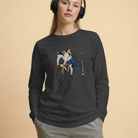 Cat Cycling Funny Japanese Ukiyo-e Unisex Long Sleeve Tee - Samurai Original