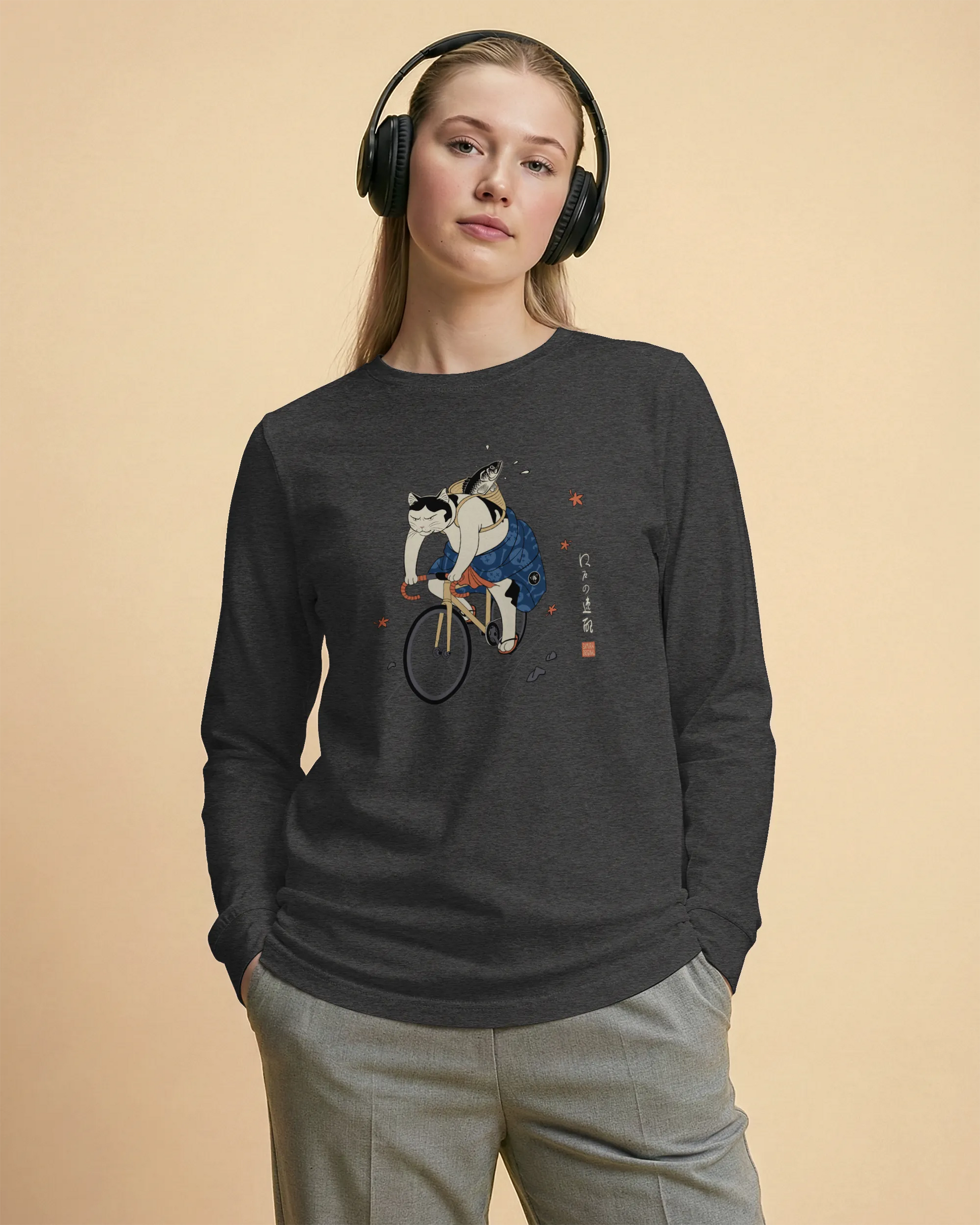 Cat Cycling Funny Japanese Ukiyo-e Unisex Long Sleeve Tee - Samurai Original