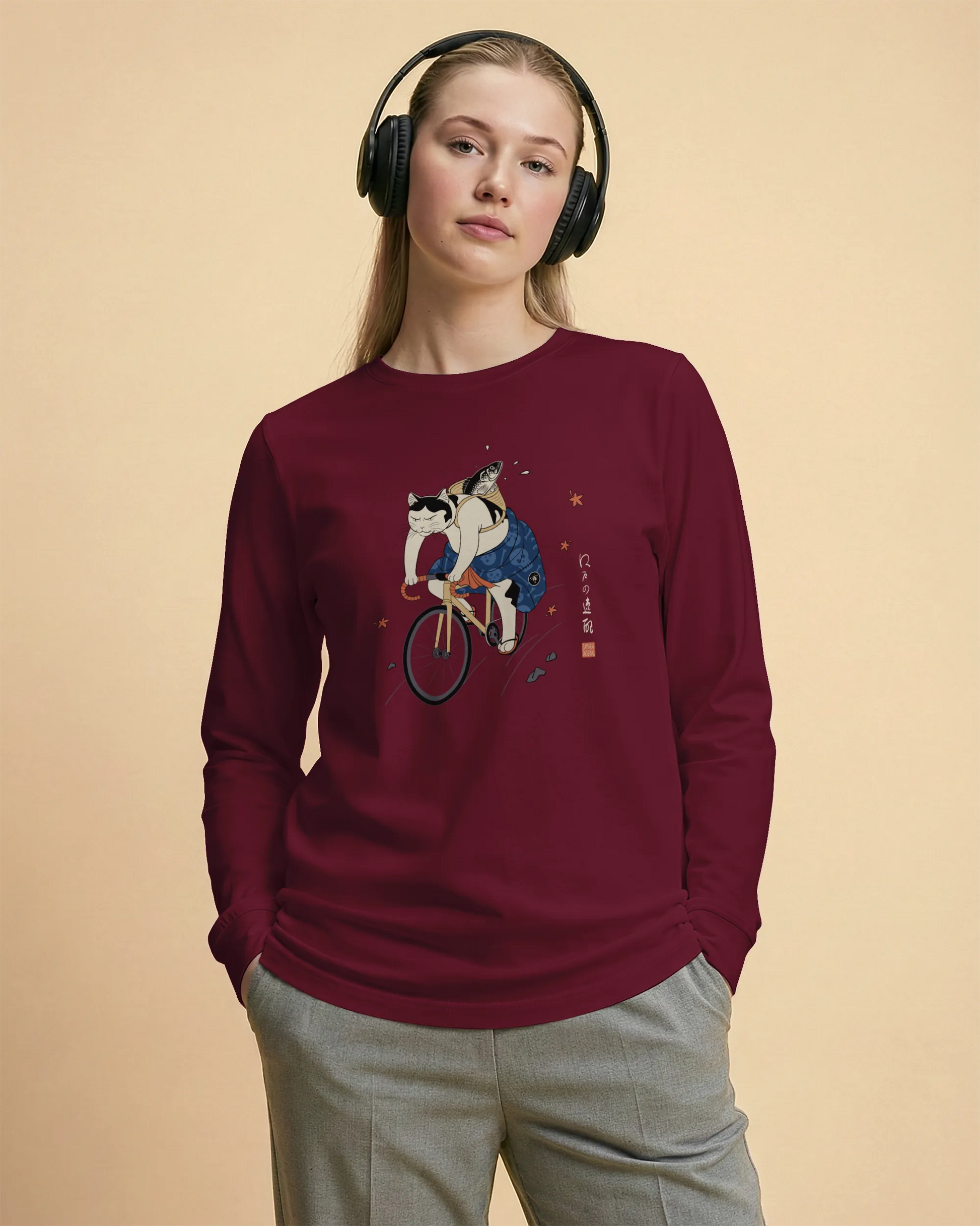 Cat Cycling Funny Japanese Ukiyo-e Unisex Long Sleeve Tee - Samurai Original