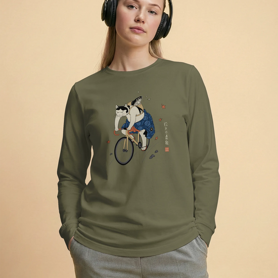 Cat Cycling Funny Japanese Ukiyo-e Unisex Long Sleeve Tee - Samurai Original