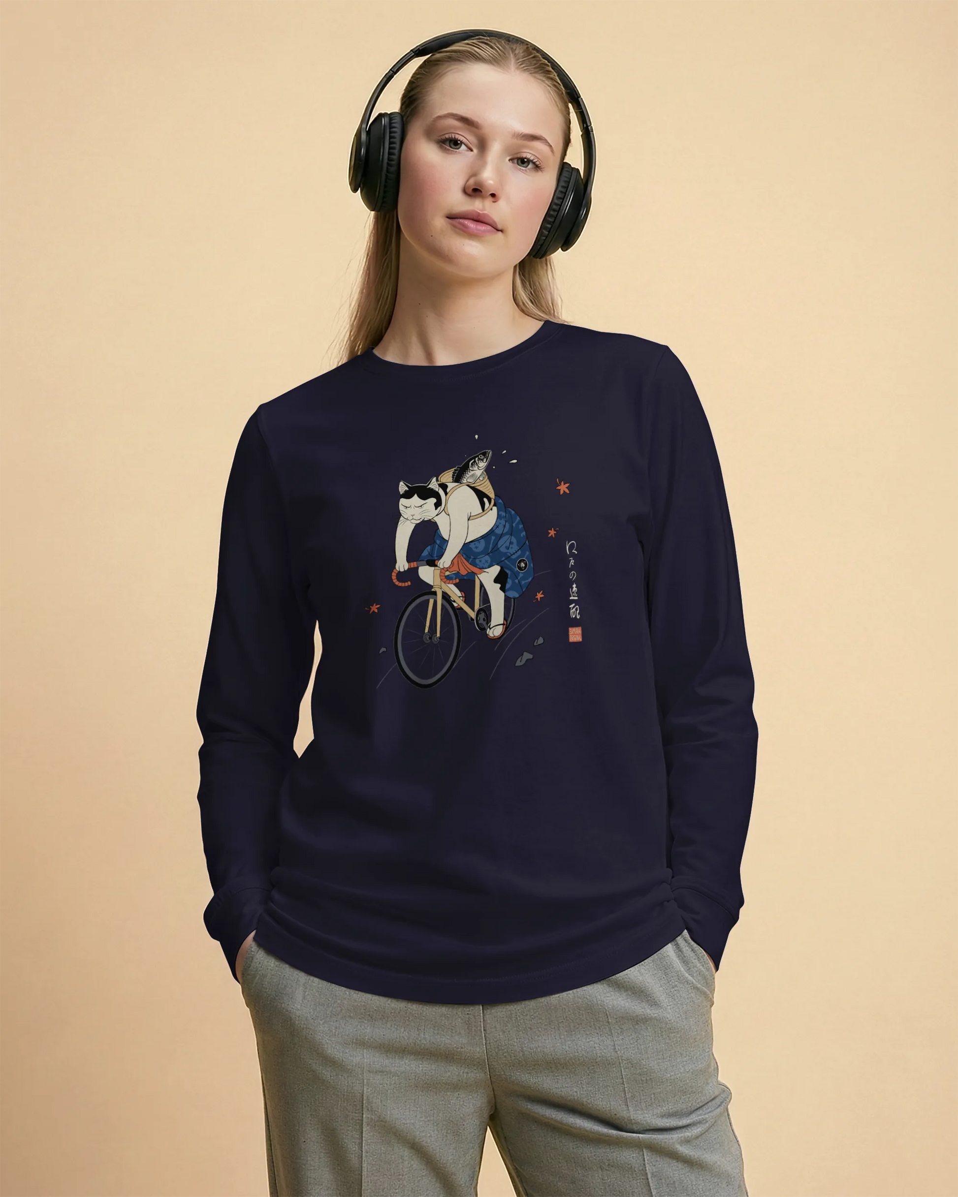 Cat Cycling Funny Japanese Ukiyo-e Unisex Long Sleeve Tee - Samurai Original