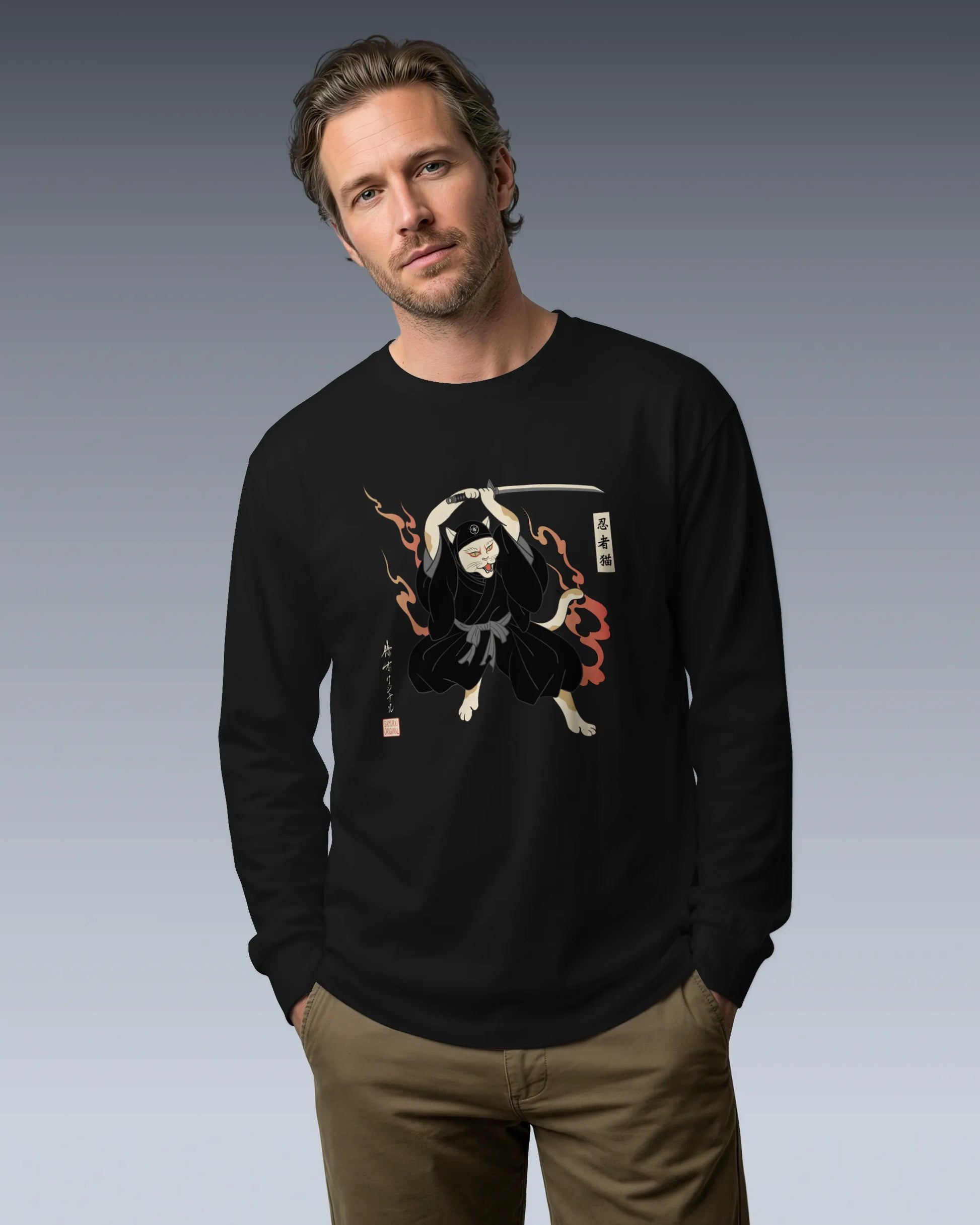 Cat Ninja Japanese Ukiyo-e Unisex Long Sleeve Tee - Samurai Original