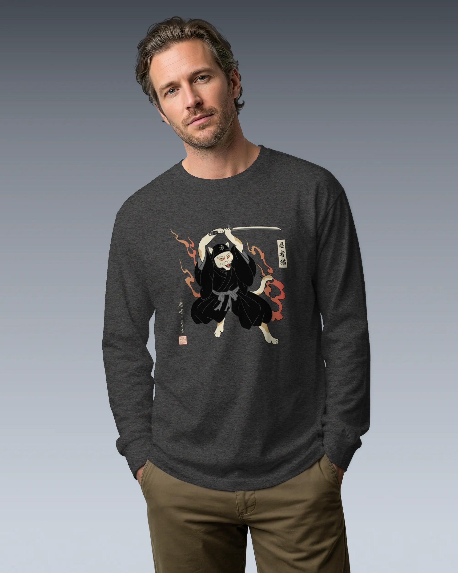Cat Ninja Japanese Ukiyo-e Unisex Long Sleeve Tee - Samurai Original