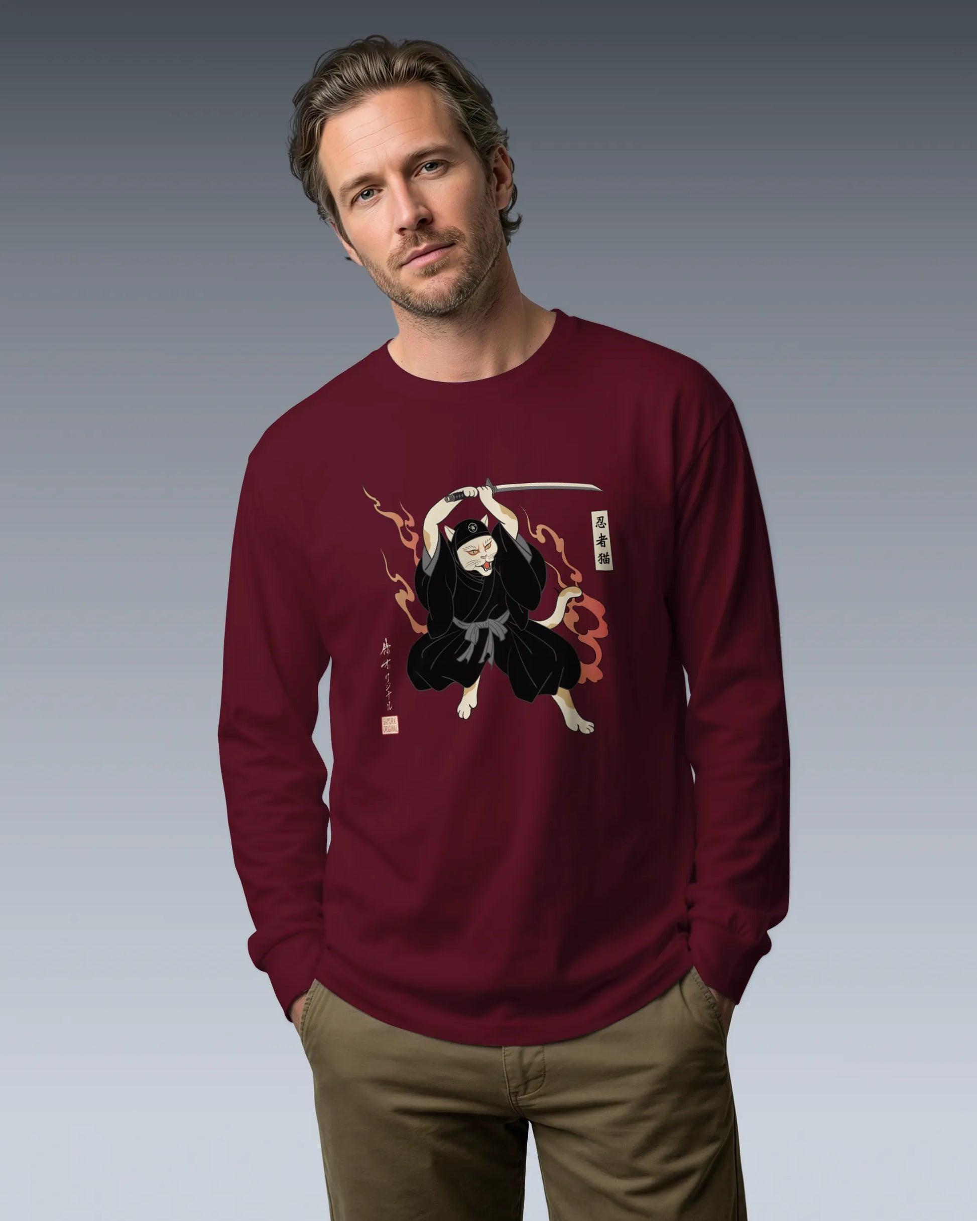Cat Ninja Japanese Ukiyo-e Unisex Long Sleeve Tee - Samurai Original