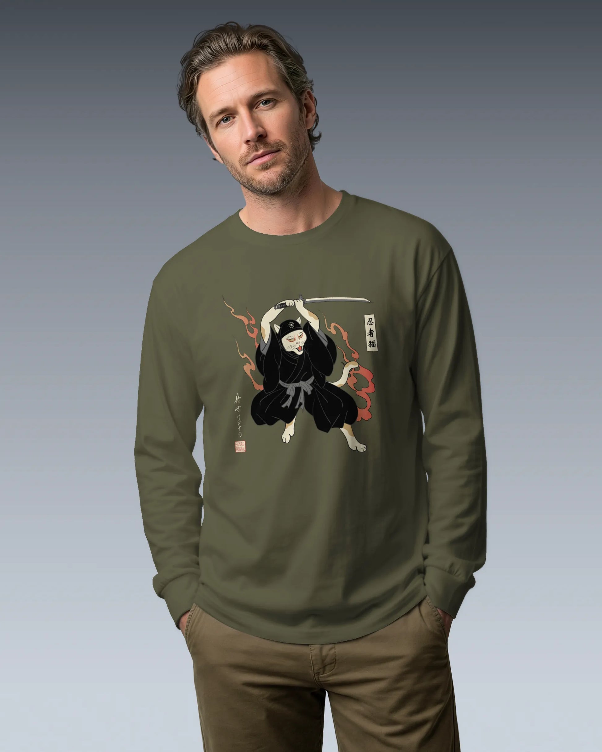 Cat Ninja Japanese Ukiyo-e Unisex Long Sleeve Tee - Samurai Original