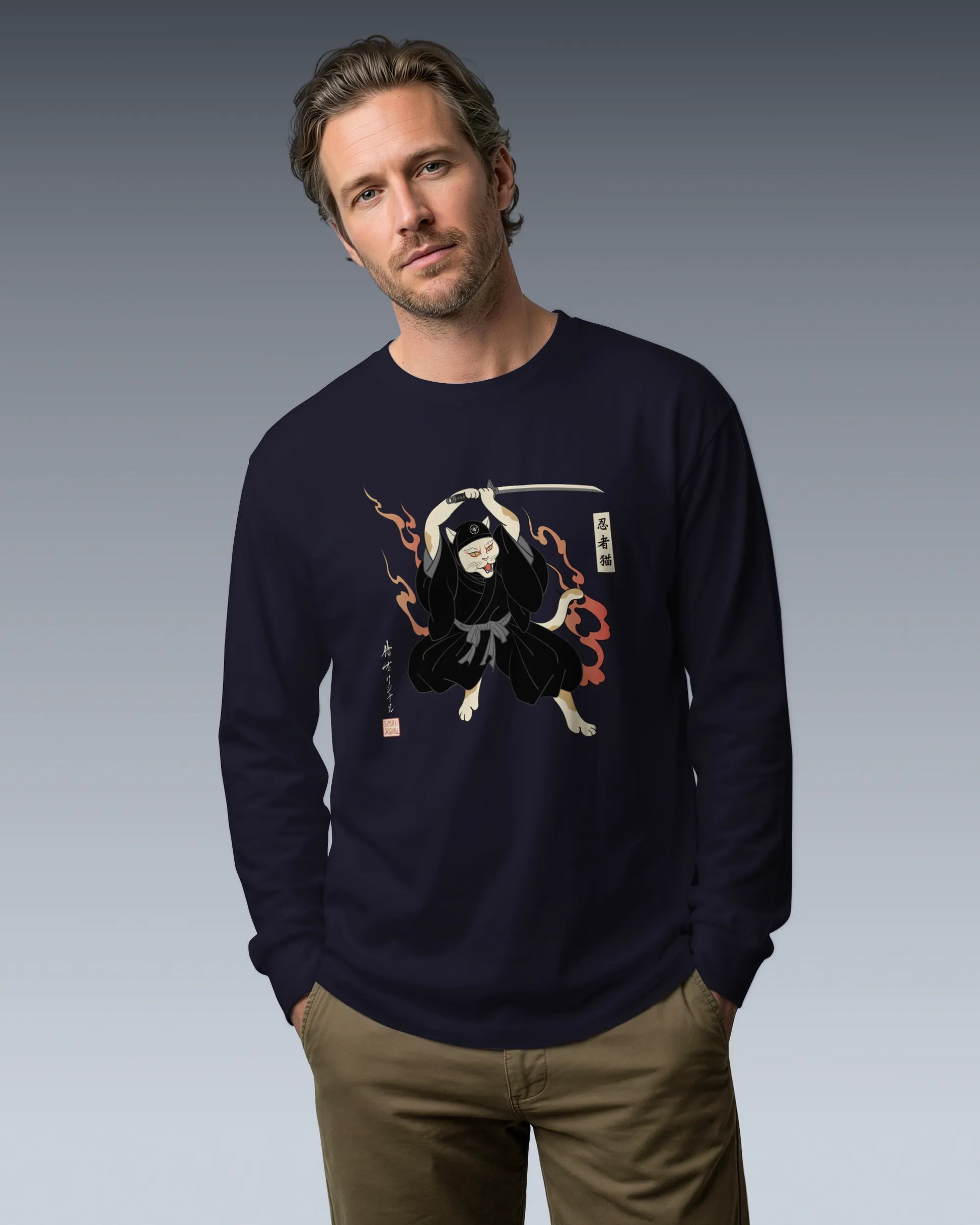 Cat Ninja Japanese Ukiyo-e Unisex Long Sleeve Tee - Samurai Original
