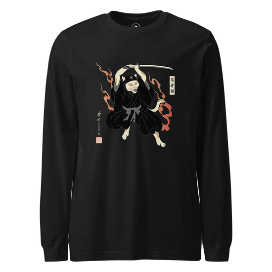 Cat Ninja Japanese Ukiyo-e Unisex Long Sleeve Tee Black - Samurai Original